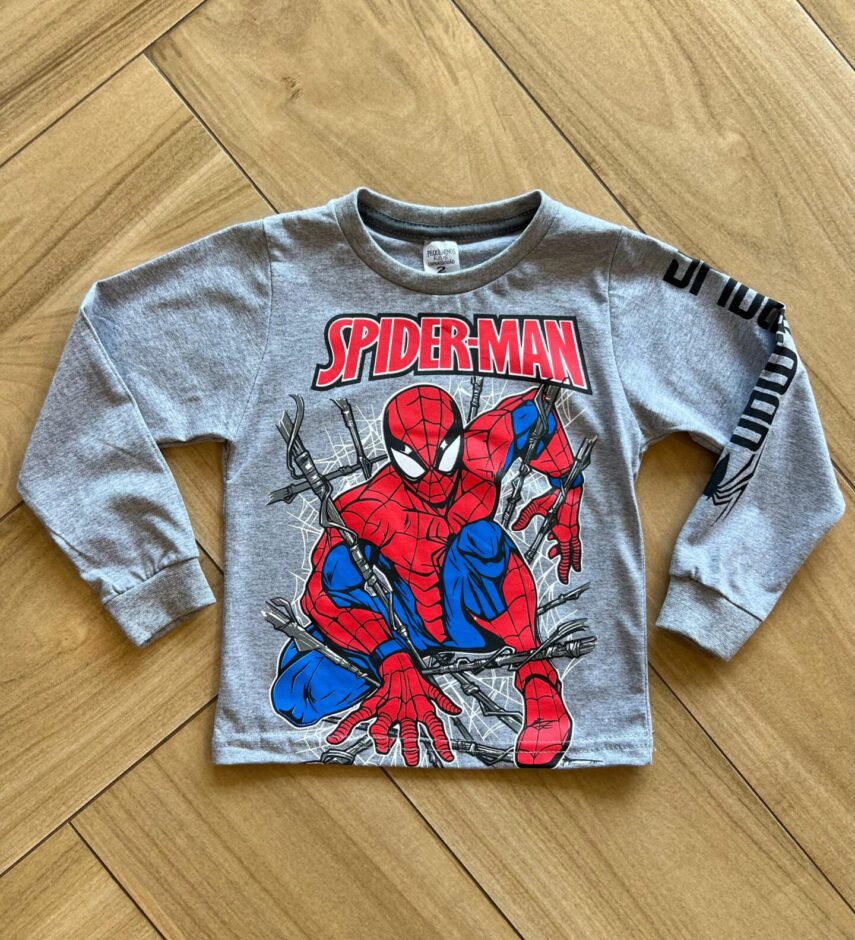 Camiseta Infantil Masculina Manga Longa Homem Aranha Cinza Fernanda Ramos Kids
