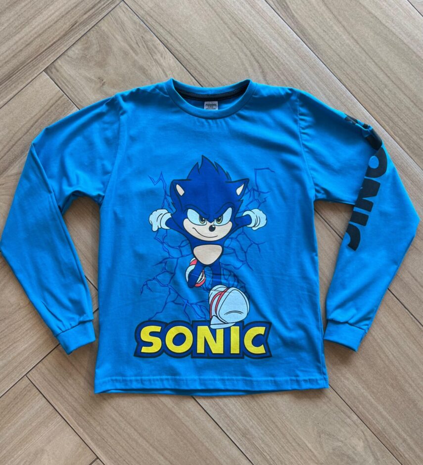 Camiseta Infantil Masculina Manga Longa Sonic Azul Fernanda Ramos Kids