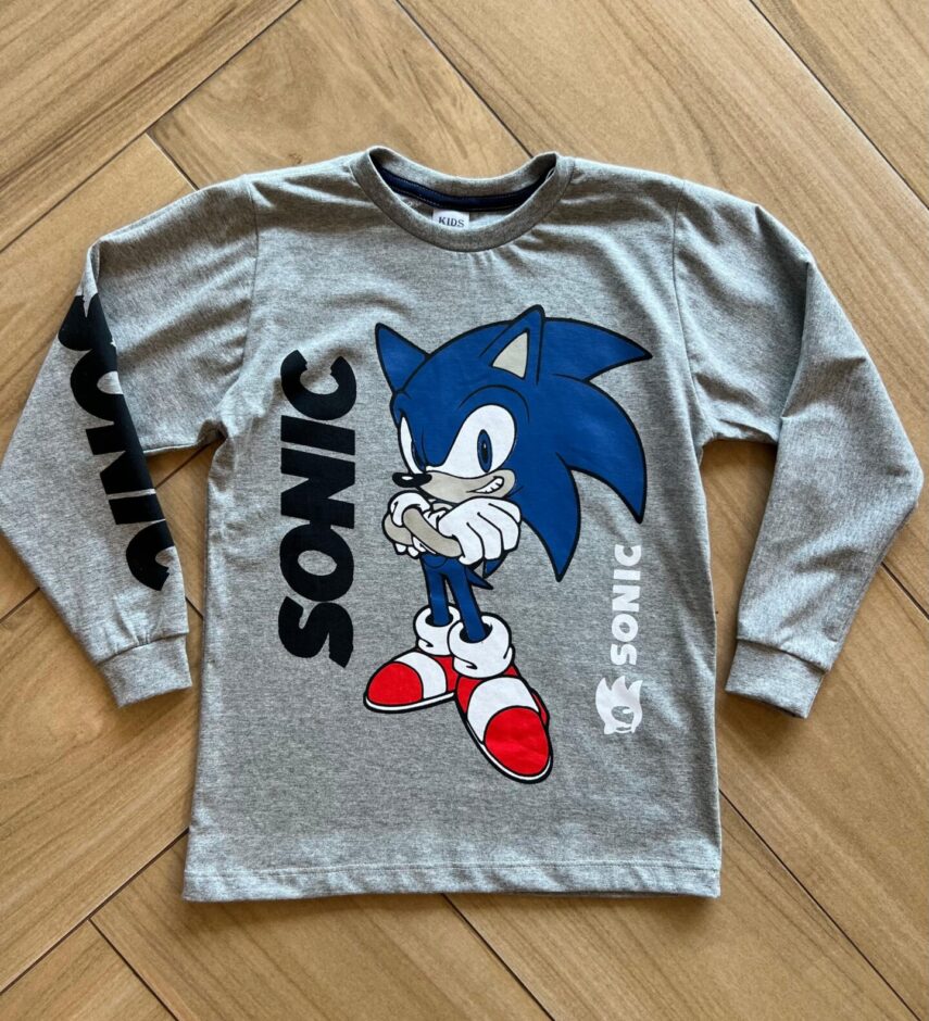 Camiseta Infantil Masculina Manga Longa Sonic Cinza Fernanda Ramos Kids