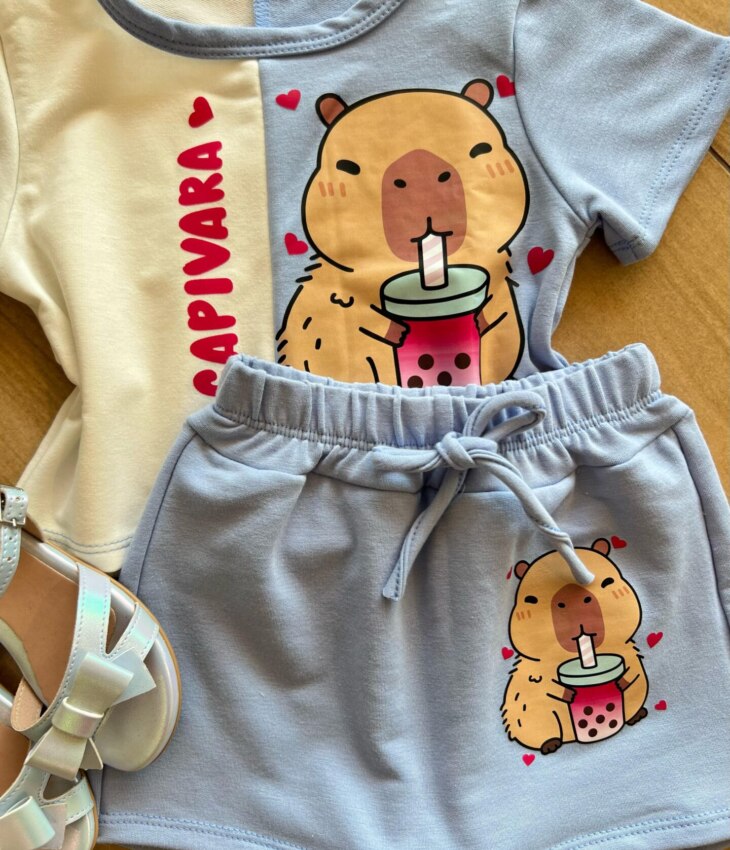 fernandaramoskids com br Conjunto Blusa Cropped Duas Cores e Short Saia Capivara Azul1