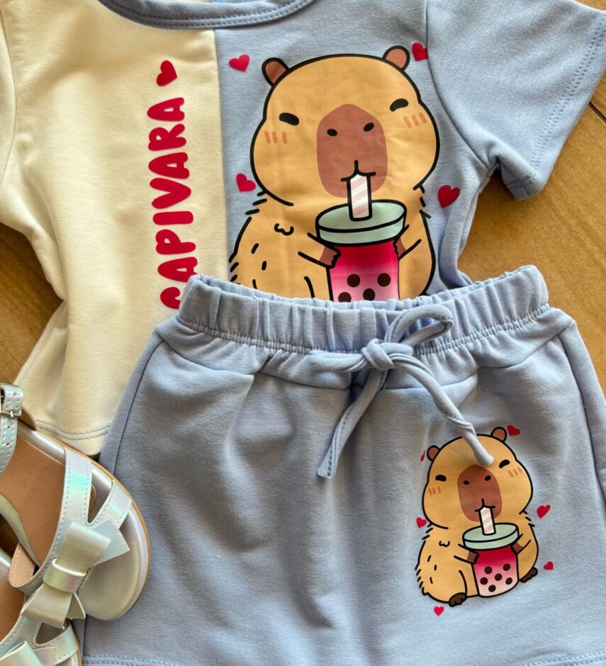 fernandaramoskids com br Conjunto Blusa Cropped Duas Cores e Short Saia Capivara Azul1