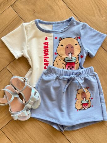 Conjunto Blusa Cropped Duas Cores e Short Saia Capivara Azul Fernanda Ramos Kids