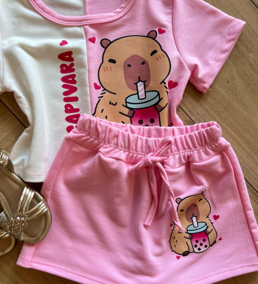 fernandaramoskids com br Conjunto Infantil Blusa Cropped Duas Cores e Short Saia Capivara1
