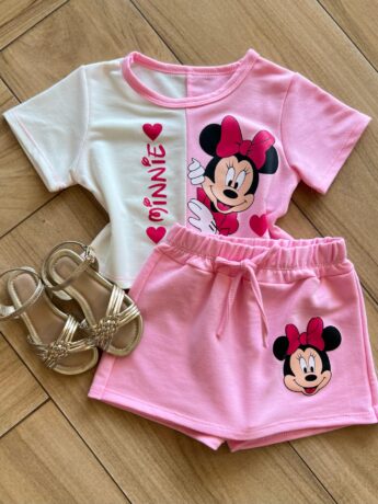 Conjunto Infantil Blusa Cropped Duas Cores e Short Saia Minnie Fernanda Ramos Kids