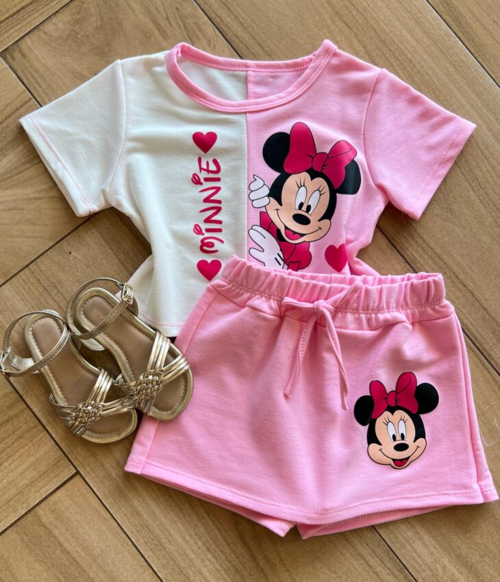 Conjunto Infantil Blusa Cropped Duas Cores e Short Saia Minnie Fernanda Ramos Kids
