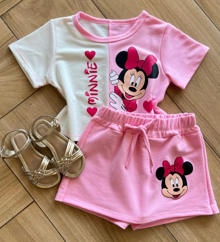Conjunto Infantil Blusa Cropped Duas Cores e Short Saia Minnie Fernanda Ramos Kids