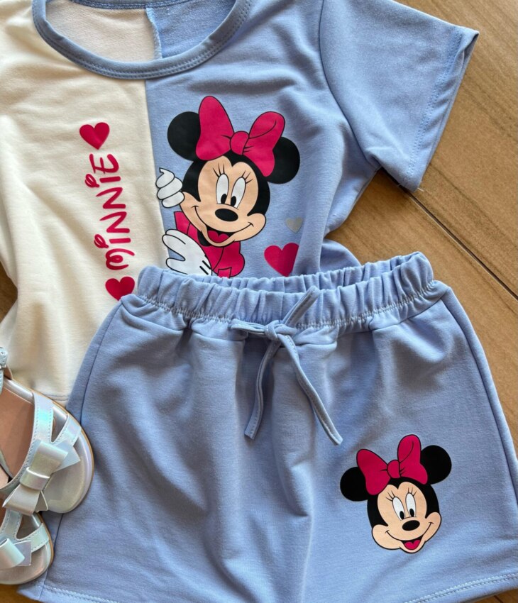 fernandaramoskids com br Conjunto Infantil Blusa Cropped Duas Cores e Short Saia Minnie Azul1