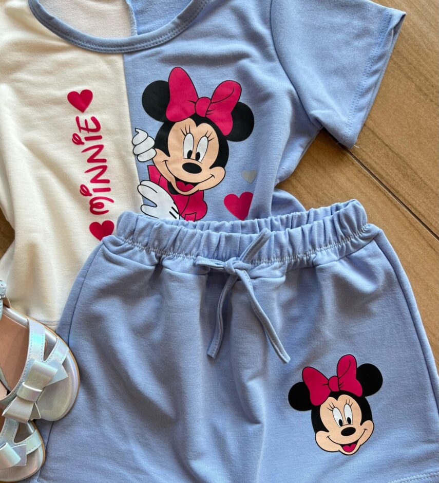 fernandaramoskids com br Conjunto Infantil Blusa Cropped Duas Cores e Short Saia Minnie Azul1