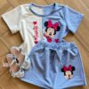 Conjunto Infantil Blusa Cropped Duas Cores e Short Saia Minnie Azul Fernanda Ramos Kids