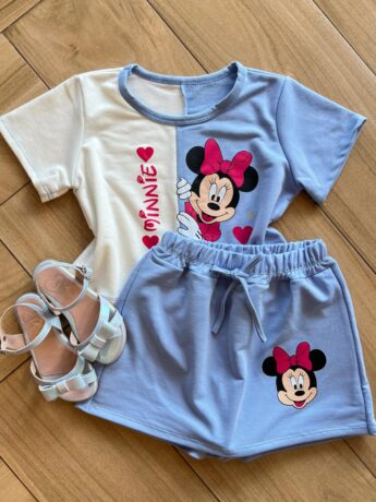 Conjunto Infantil Blusa Cropped Duas Cores e Short Saia Minnie Azul Fernanda Ramos Kids