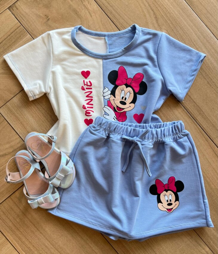 Conjunto Infantil Blusa Cropped Duas Cores e Short Saia Minnie Azul Fernanda Ramos Kids