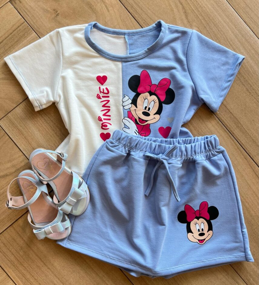 Conjunto Infantil Blusa Cropped Duas Cores e Short Saia Minnie Azul Fernanda Ramos Kids