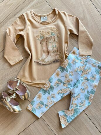 Conjunto Infantil Feminino Blusa Manga Longa Caqui e Legging Fernanda Ramos Kids
