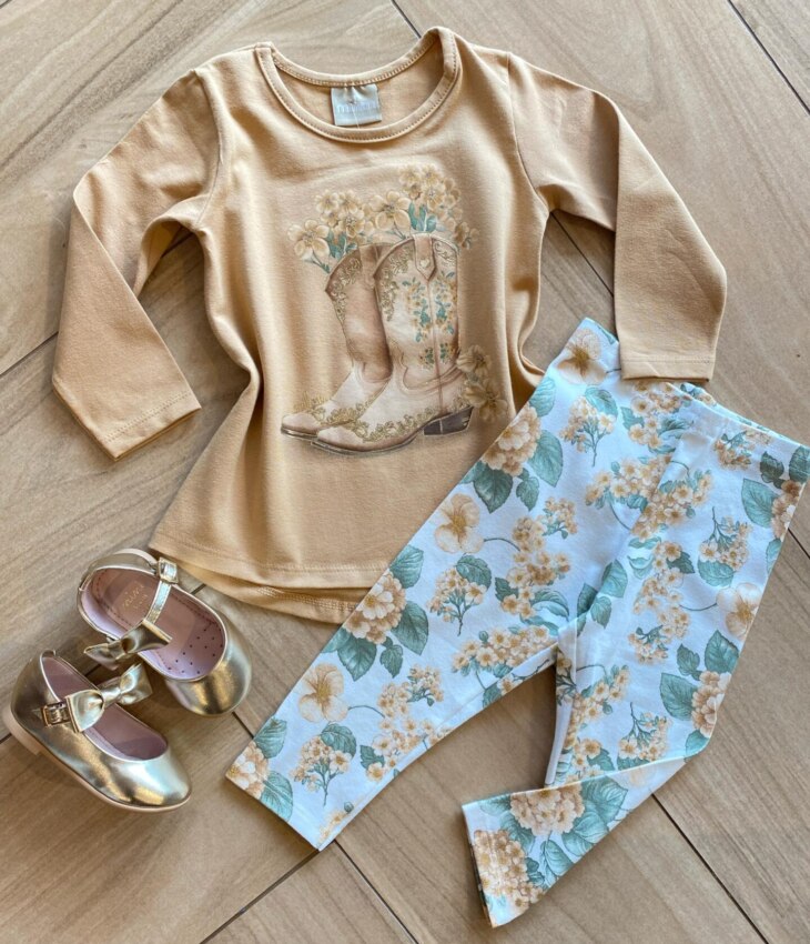 Conjunto Infantil Feminino Blusa Manga Longa Caqui e Legging Fernanda Ramos Kids