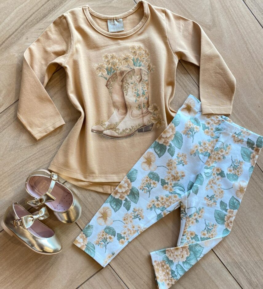 Conjunto Infantil Feminino Blusa Manga Longa Caqui e Legging Fernanda Ramos Kids