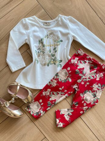 Conjunto Infantil Feminino Blusa Manga Longa e Legging Vermelha Fernanda Ramos Kids