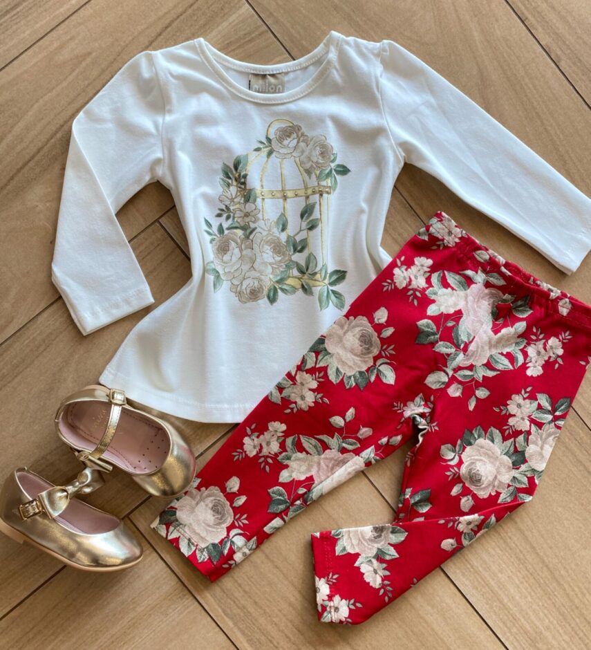 Conjunto Infantil Feminino Blusa Manga Longa e Legging Vermelha Fernanda Ramos Kids