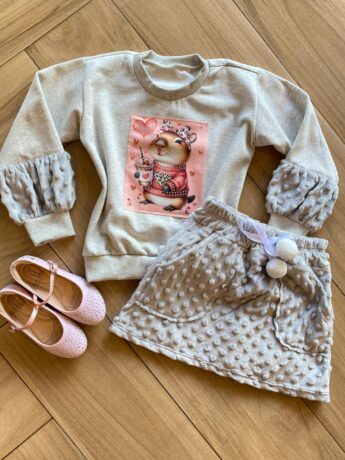 Conjunto Infantil Feminino Blusa Manga Longa e Short Saia Pelúcia Fernanda Ramos Kids