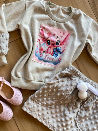 fernandaramoskids com br Conjunto Infantil Feminino Blusa Manga Longa Stitch e Short Saia1