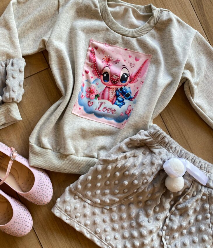 fernandaramoskids com br Conjunto Infantil Feminino Blusa Manga Longa Stitch e Short Saia1