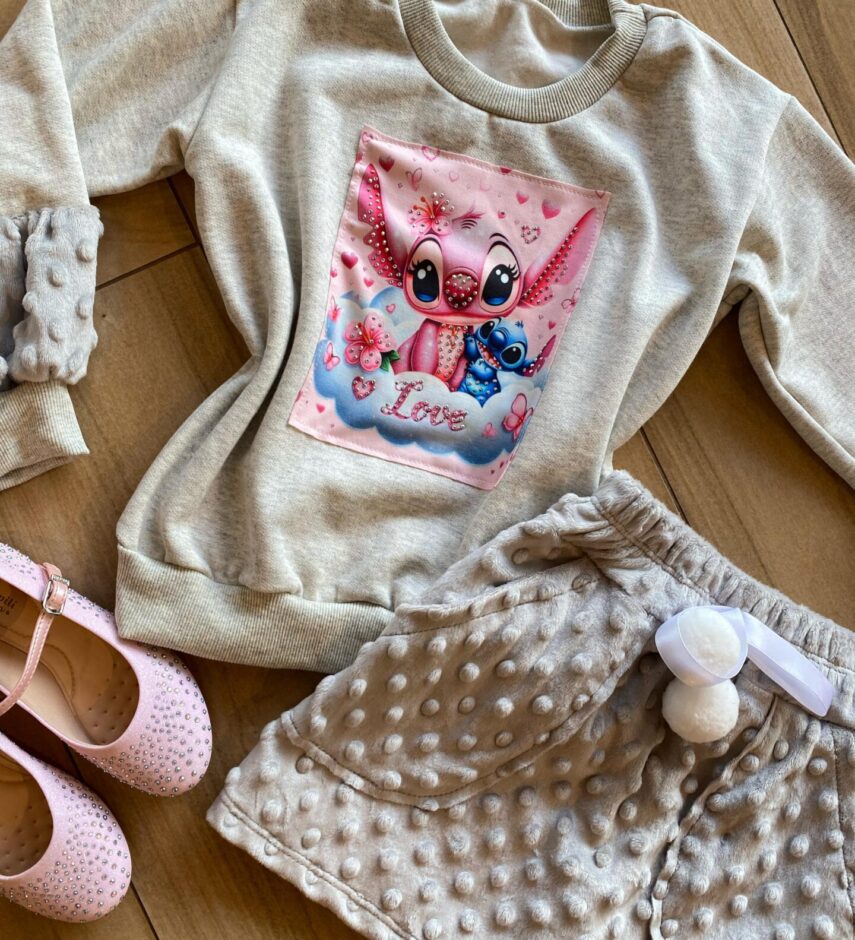 fernandaramoskids com br Conjunto Infantil Feminino Blusa Manga Longa Stitch e Short Saia1