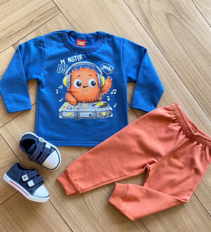 Conjunto Infantil Masculino Blusa Monster DJ e Calça TerraCota Fernanda Ramos Kids