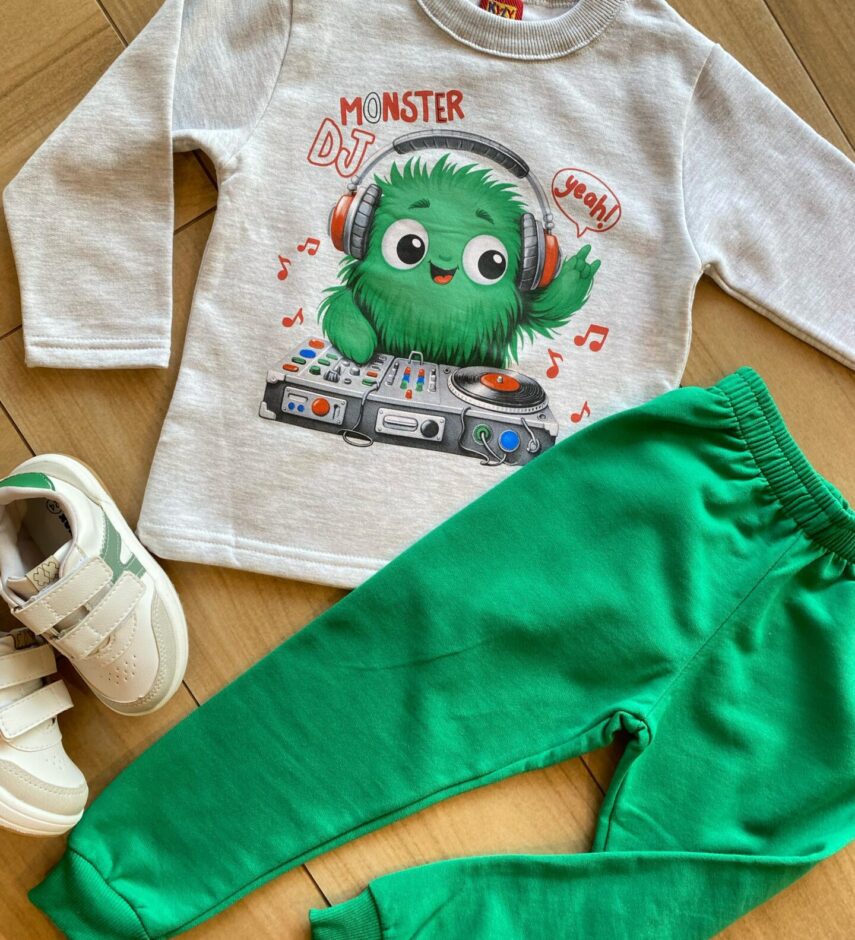 fernandaramoskids com br Conjunto Infantil Masculino Blusa Monster DJ e Calça Verde1