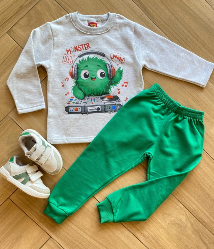 Conjunto Infantil Masculino Blusa Monster DJ e Calça Verde Fernanda Ramos Kids