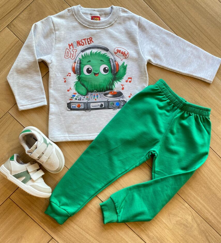 Conjunto Infantil Masculino Blusa Monster DJ e Calça Verde Fernanda Ramos Kids