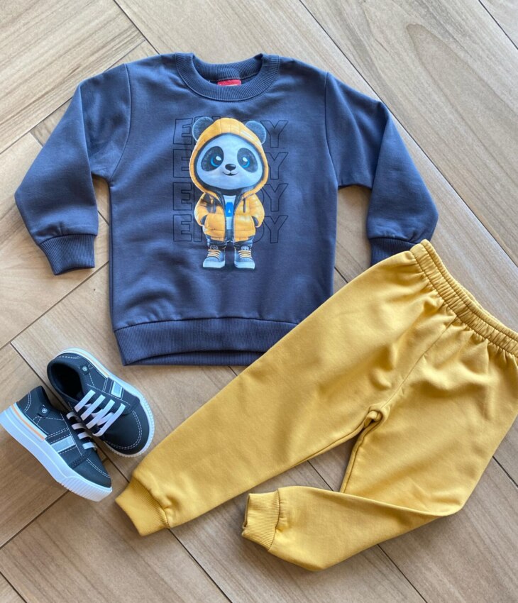 Conjunto Infantil Masculino Blusa Panda Estiloso e Calça Amarela Fernanda Ramos Kids