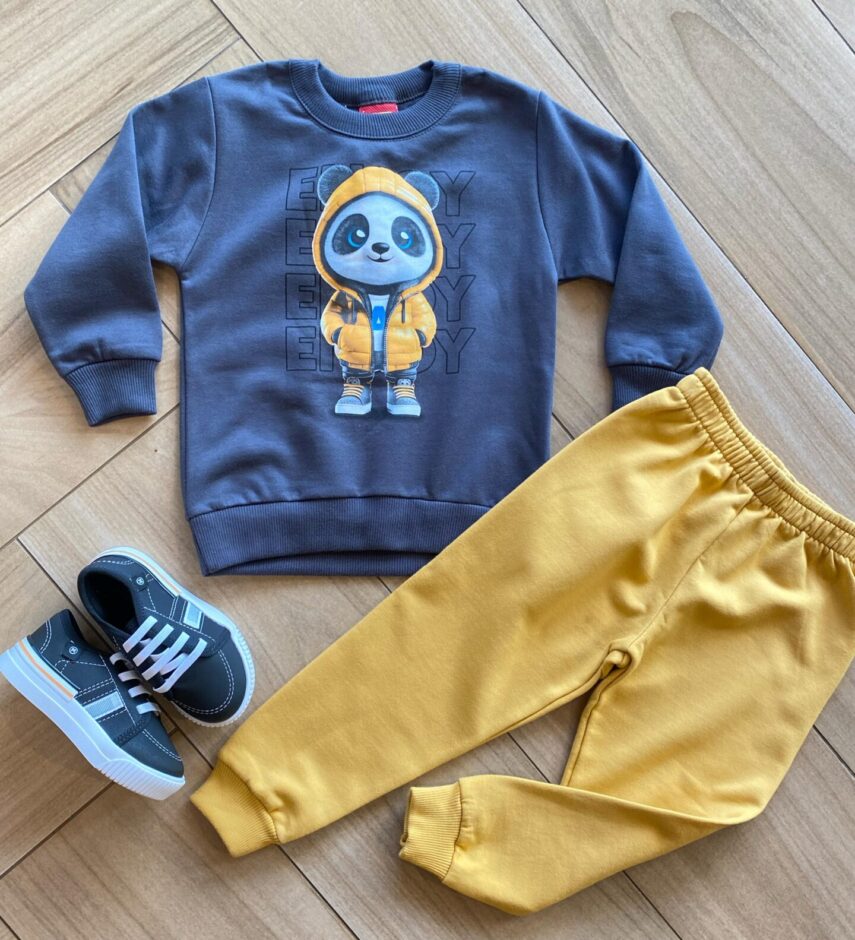 Conjunto Infantil Masculino Blusa Panda Estiloso e Calça Amarela Fernanda Ramos Kids
