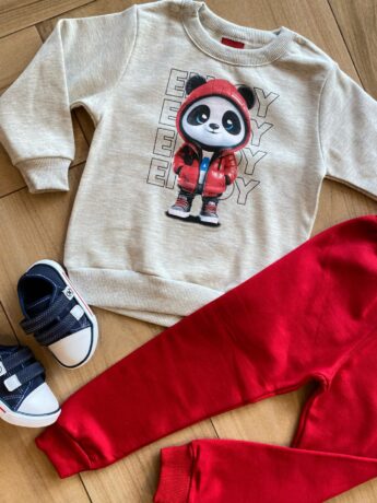 fernandaramoskids com br Conjunto Infantil Masculino Blusa Panda Estiloso e Calça Vermelha1
