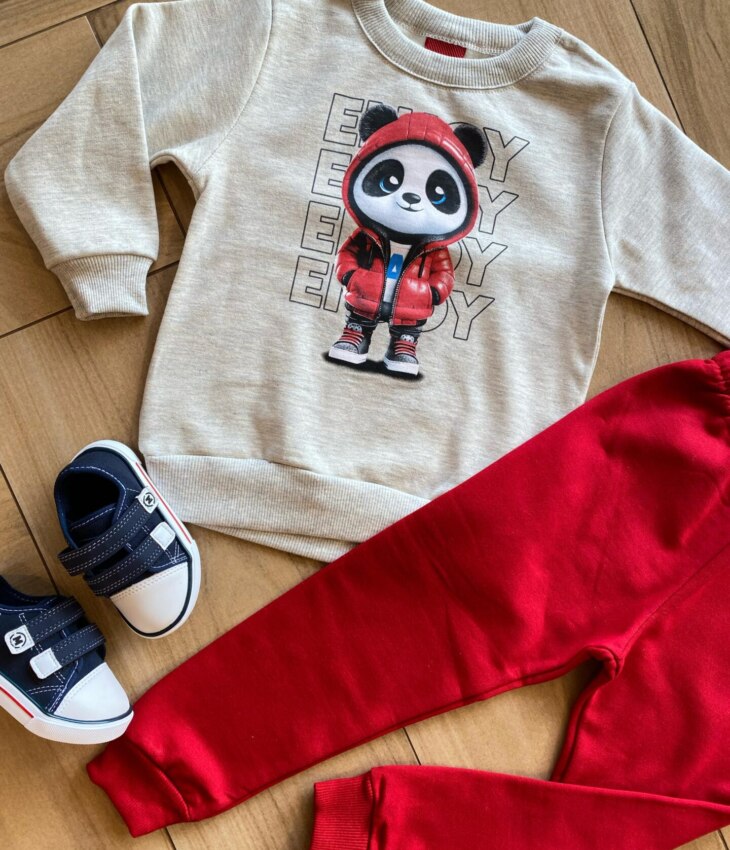 fernandaramoskids com br Conjunto Infantil Masculino Blusa Panda Estiloso e Calça Vermelha1