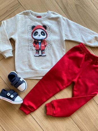 Conjunto Infantil Masculino Blusa Panda Estiloso e Calça Vermelha Fernanda Ramos Kids