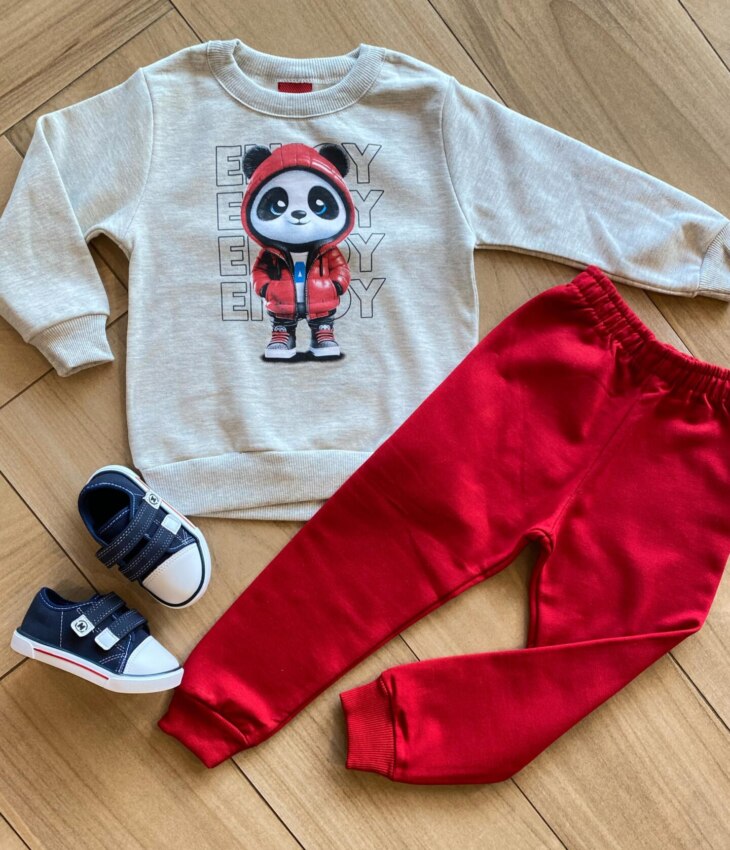 Conjunto Infantil Masculino Blusa Panda Estiloso e Calça Vermelha Fernanda Ramos Kids