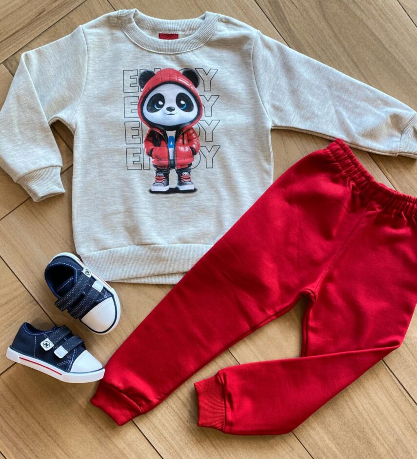 Conjunto Infantil Masculino Blusa Panda Estiloso e Calça Vermelha Fernanda Ramos Kids
