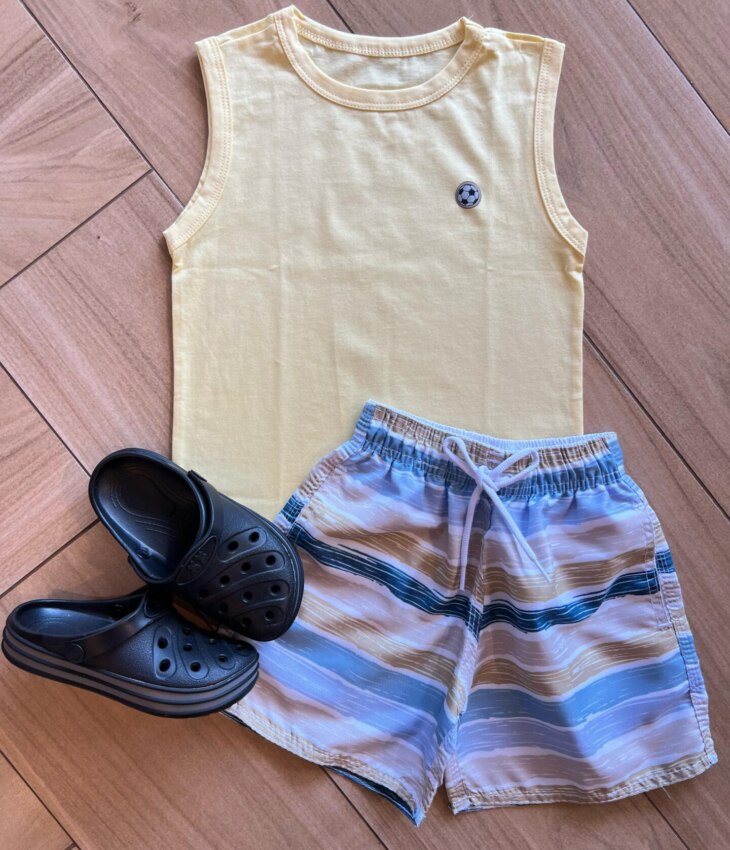 Conjunto Infantil Masculino Regata Amarela e Bermuda Listrada Fernanda Ramos Kids