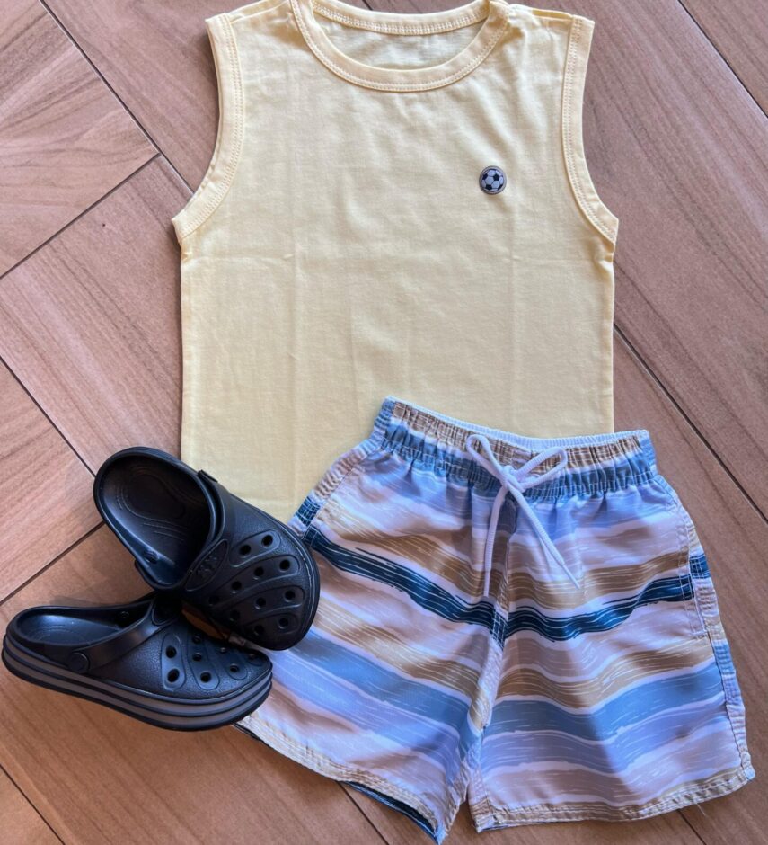 Conjunto Infantil Masculino Regata Amarela e Bermuda Listrada Fernanda Ramos Kids