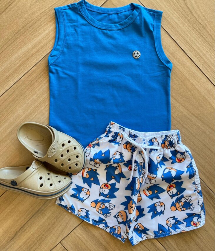 Conjunto Infantil Masculino Regata Azul Bic e Bermuda Estampada Fernanda Ramos Kids