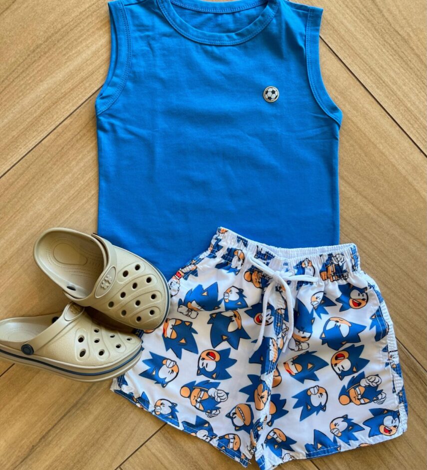 Conjunto Infantil Masculino Regata Azul Bic e Bermuda Estampada Fernanda Ramos Kids
