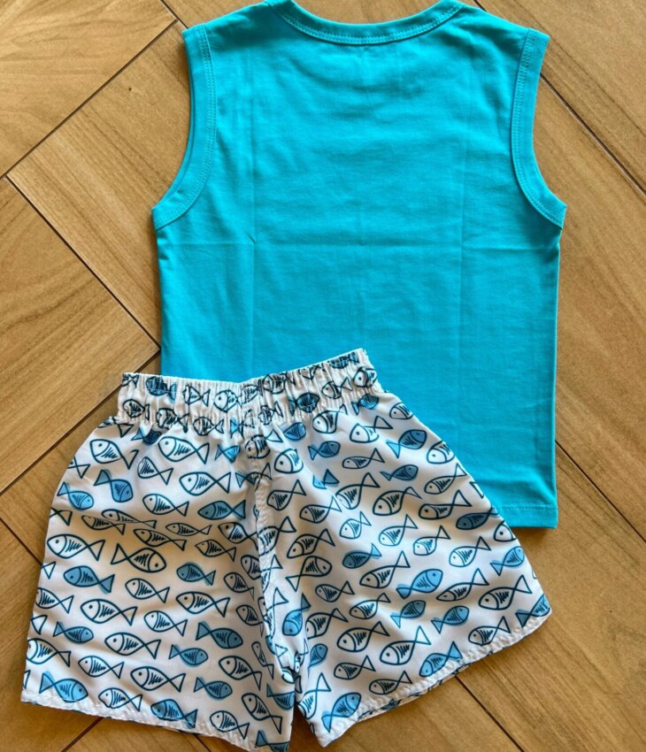 fernandaramoskids com br Conjunto Infantil Masculino Regata Azul e Bermuda Peixes2