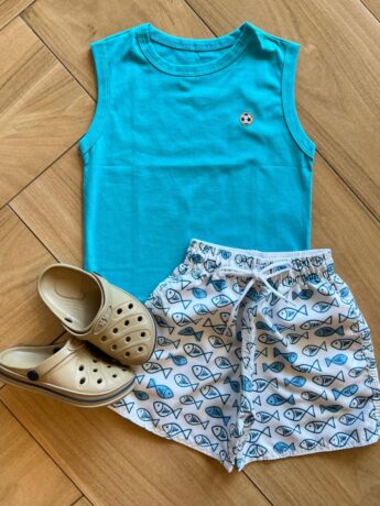 Conjunto Infantil Masculino Regata Azul e Bermuda Peixes Fernanda Ramos Kids