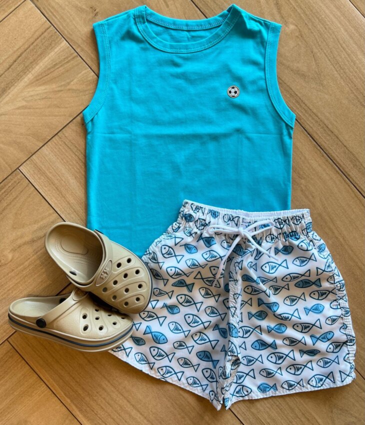 Conjunto Infantil Masculino Regata Azul e Bermuda Peixes Fernanda Ramos Kids