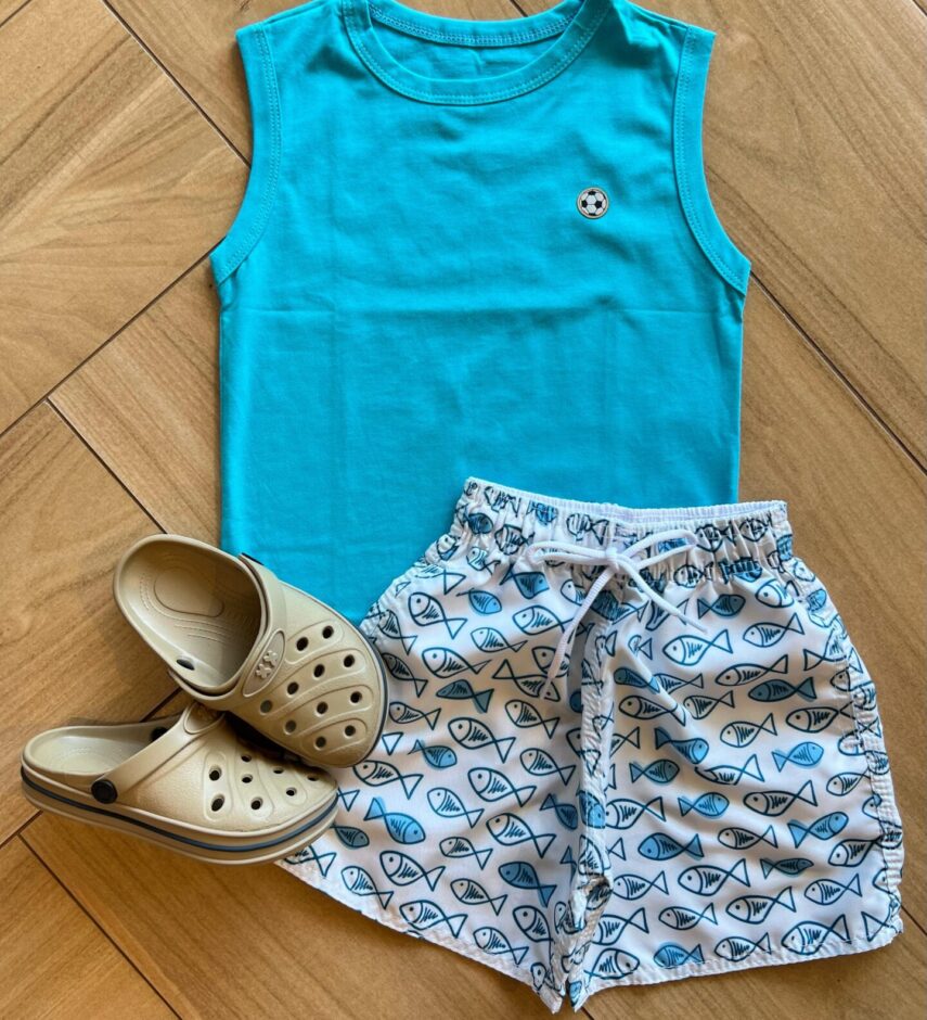 Conjunto Infantil Masculino Regata Azul e Bermuda Peixes Fernanda Ramos Kids