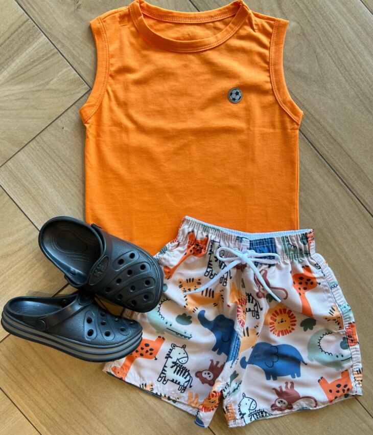 Conjunto Infantil Masculino Regata Laranja e Bermuda Estampada Fernanda Rammos Kids