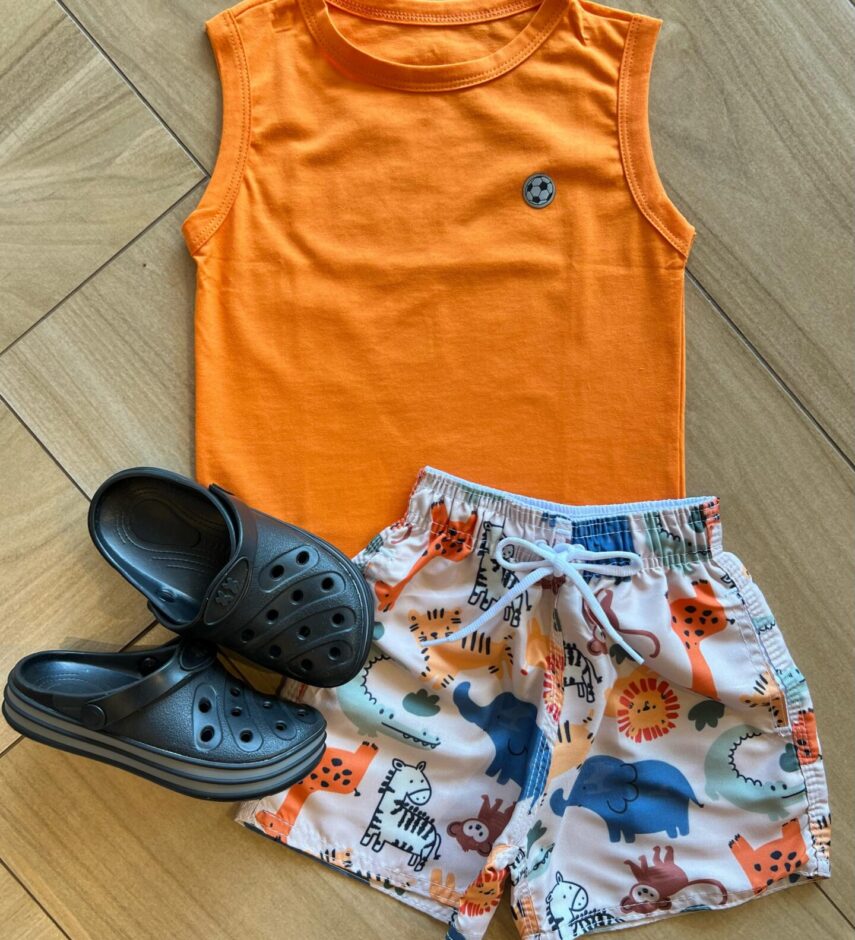 Conjunto Infantil Masculino Regata Laranja e Bermuda Estampada Fernanda Rammos Kids