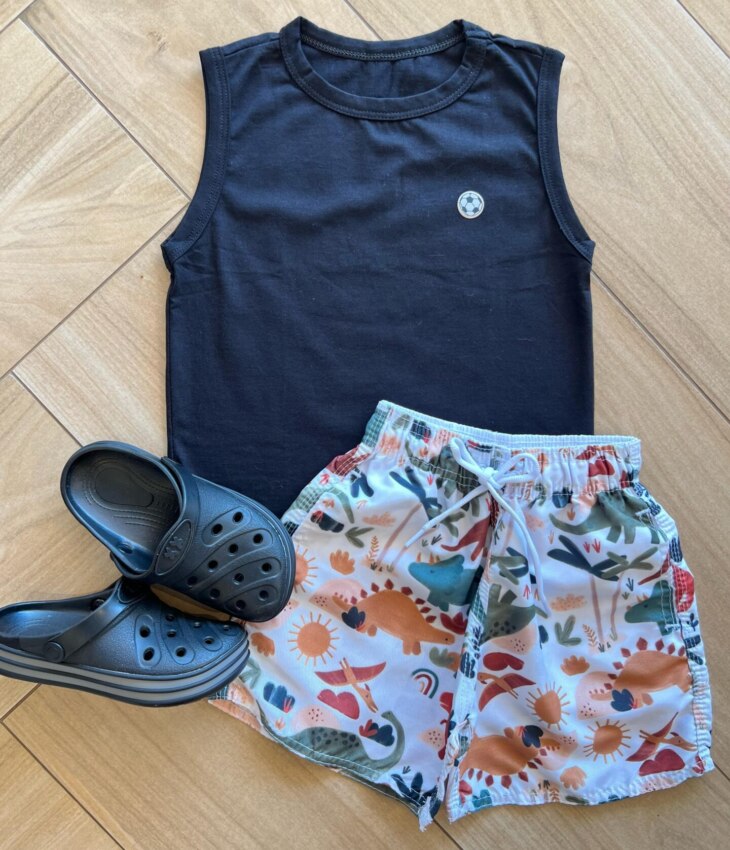 Conjunto Infantil Masculino Regata Preta e Bermuda Estampada Fernanda Ramos Kids