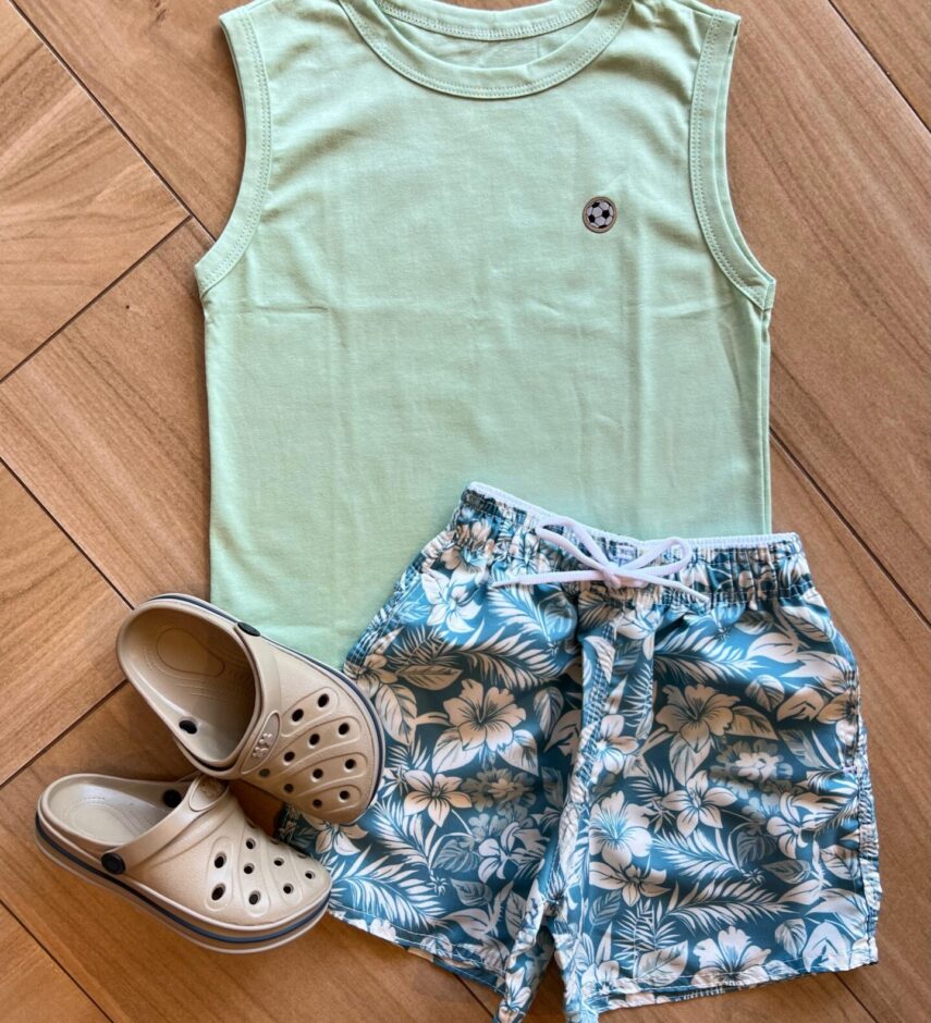 Conjunto Infantil Masculino Regata Verde e Bermuda Estampa Floral Fernanda Ramos Kids