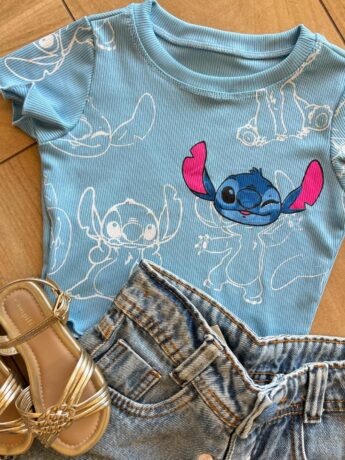 fernandaramoskids com br Cropped Infantil Feminino Manga Curta Canelado Stich Azul1