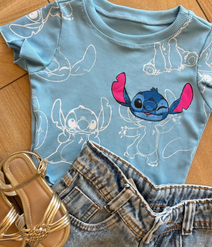 fernandaramoskids com br Cropped Infantil Feminino Manga Curta Canelado Stich Azul1